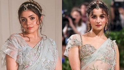 Remember Alia Bhatt's Met Gala 2024 look? From the flowy sleeves to the intricate dupatta, Heena flawlessly recreates the actor’s look, finishing with light makeup that truly captures Alia’s essence. Remember Alia Bhatt's Met Gala 2024 look? From the flowy sleeves to the intricate dupatta, Heena flawlessly recreates the actor’s look, finishing with light makeup that truly captures Alia’s essence.