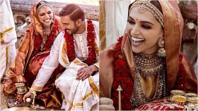 Deepika Padukone was the epitome of a South Indian bride in a genuine red and gold zari Kanjeevaram saree. For her Mangalorean wedding ceremony, she chose a red-gold Kanjeevaram wedding saree from the House of Angadi in Bangalore. The saree's body pattern featured the legendary Gandaberunda, a two-headed bird that also appears on Karnataka’s coat of arms. To accessorise, Deepika wore an intricate bindi, a matta Patti (traditional headband), and draped a silk dupatta over her hair. (Instagram) Deepika Padukone was the epitome of a South Indian bride in a genuine red and gold zari Kanjeevaram saree. For her Mangalorean wedding ceremony, she chose a red-gold Kanjeevaram wedding saree from the House of Angadi in Bangalore. The saree's body pattern featured the legendary Gandaberunda, a two-headed bird that also appears on Karnataka’s coat of arms. To accessorise, Deepika wore an intricate bindi, a matta Patti (traditional headband), and draped a silk dupatta over her hair. (Instagram)