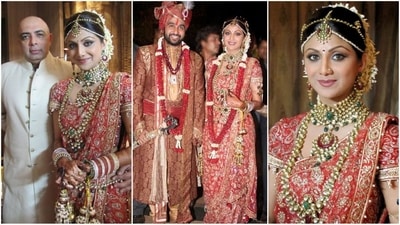For her marriage to Raj Kundra, Shilpa Shetty was wrapped in a traditional red six yards of grace. Her stunning saree, from the popular designer brand Tarun Tahiliani, exuded opulence with red Swarovski crystals interwoven throughout, radiating royal vibes. She further enhanced her bridal look with luxurious uncut diamond Kundan jewellery. (Instagram) For her marriage to Raj Kundra, Shilpa Shetty was wrapped in a traditional red six yards of grace. Her stunning saree, from the popular designer brand Tarun Tahiliani, exuded opulence with red Swarovski crystals interwoven throughout, radiating royal vibes. She further enhanced her bridal look with luxurious uncut diamond Kundan jewellery. (Instagram)