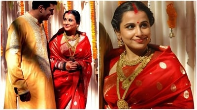 For her 2012 wedding to Siddharth Roy Kapoor, Vidya Balan chose a classic red saree by Sabyasachi Mukherjee. She wore a stunning red saree with a heavy gold border and intricate patterns for her daytime ceremony. She completed her bridal look with South Indian necklaces, matching earrings, and a crimson choora. Vidya's signature style was evident with her kohl-rimmed eyes and pale lipstick. (Pinterest) For her 2012 wedding to Siddharth Roy Kapoor, Vidya Balan chose a classic red saree by Sabyasachi Mukherjee. She wore a stunning red saree with a heavy gold border and intricate patterns for her daytime ceremony. She completed her bridal look with South Indian necklaces, matching earrings, and a crimson choora. Vidya's signature style was evident with her kohl-rimmed eyes and pale lipstick. (Pinterest)