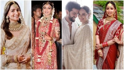 Sonakshi Sinha recently married Zaheer Iqbal, donning a dreamy, ethereal saree that created quite a buzz in the fashion world. However, she is not the first Bollywood bride to ditch traditional lehenga attire in favour of an elegant saree for the big day. Many other Bollywood brides have also tied the knot in six yards of grace. From Shilpa Shetty's traditional red saree adorned with crystals to Alia Bhatt's Sabyasachi beige saree exuding unmatched elegance, these Bollywood divas have redefined wedding fashion with their sophisticated saree looks. (Instagram) Sonakshi Sinha recently married Zaheer Iqbal, donning a dreamy, ethereal saree that created quite a buzz in the fashion world. However, she is not the first Bollywood bride to ditch traditional lehenga attire in favour of an elegant saree for the big day. Many other Bollywood brides have also tied the knot in six yards of grace. From Shilpa Shetty's traditional red saree adorned with crystals to Alia Bhatt's Sabyasachi beige saree exuding unmatched elegance, these Bollywood divas have redefined wedding fashion with their sophisticated saree looks. (Instagram)