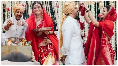 When Dia Mirza arrived for her daytime wedding, she resembled a princess in a modest red silk saree from Raw Mango. The saree featured an elegantly draped wide gold border, making her look stunning. A simple crimson dupatta with gold borders completed her bridal ensemble. She accessorized her look with a spectacular sea pearl necklace, matching earrings, a maangtika, and handmade bracelets. (Instagram) When Dia Mirza arrived for her daytime wedding, she resembled a princess in a modest red silk saree from Raw Mango. The saree featured an elegantly draped wide gold border, making her look stunning. A simple crimson dupatta with gold borders completed her bridal ensemble. She accessorized her look with a spectacular sea pearl necklace, matching earrings, a maangtika, and handmade bracelets. (Instagram)