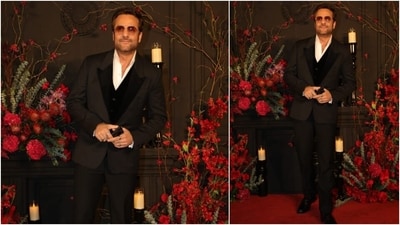 Heeramandi actor Fardeen Khan looked dapper at the reception in a black notch-lapel suit jacket, which he styled with a crisp white shirt, black pants, and aviators. (HT Photo/Varinder Chawla) Heeramandi actor Fardeen Khan looked dapper at the reception in a black notch-lapel suit jacket, which he styled with a crisp white shirt, black pants, and aviators. (HT Photo/Varinder Chawla)