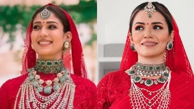 Nayantara's custom-made wedding saree in a vibrant vermillion red is impeccably recreated by Heena, with only a few changes in the jewellery — it's almost like seeing double! Nayantara's custom-made wedding saree in a vibrant vermillion red is impeccably recreated by Heena, with only a few changes in the jewellery — it's almost like seeing double!