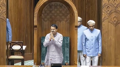 Newly appointed Speaker Pro-tem and BJP MP from Cuttack Bhratruhari Mehtab greets the house before beginning his duties. (ANI)