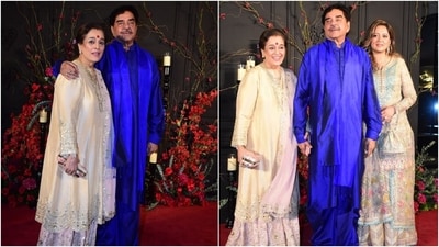 Sonakshi's parents, Shatrughan Sinha and Poonam Sinha, attended their daughter's reception. The bride's father chose a blue silk kurta, dhoti pants and a matching shawl for the occasion. Meanwhile, Sonakshi's mom was a picture of elegance in a pearl-white silk embellished salwar kameez set. (HT Photo/Varinder Chawla) Sonakshi's parents, Shatrughan Sinha and Poonam Sinha, attended their daughter's reception. The bride's father chose a blue silk kurta, dhoti pants and a matching shawl for the occasion. Meanwhile, Sonakshi's mom was a picture of elegance in a pearl-white silk embellished salwar kameez set. (HT Photo/Varinder Chawla)