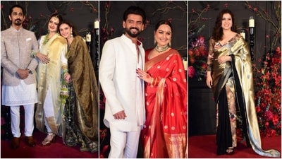 Sonakshi Sinha and Zaheer Iqbal hosted a grand wedding reception in Mumbai last night. Bollywood celebrities attended the celebrations, dressed to the nines. The guest list included stars like Salman Khan, Rekha, Kajol, Anil Kapoor, Tabu, Raveena Tandon, Vidya Balan, Aditya Roy Kapur, Aditi Rao Hydari, Siddharth, Sanjay Leela Bhansali, and others. Sonakshi's parents, Shatrughan Sinha and Poonam Sinha, also attended. Check out what the stars wore to the bash. (HT Photo/Varinder Chawla) Sonakshi Sinha and Zaheer Iqbal hosted a grand wedding reception in Mumbai last night. Bollywood celebrities attended the celebrations, dressed to the nines. The guest list included stars like Salman Khan, Rekha, Kajol, Anil Kapoor, Tabu, Raveena Tandon, Vidya Balan, Aditya Roy Kapur, Aditi Rao Hydari, Siddharth, Sanjay Leela Bhansali, and others. Sonakshi's parents, Shatrughan Sinha and Poonam Sinha, also attended. Check out what the stars wore to the bash. (HT Photo/Varinder Chawla)