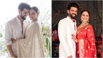 Sonakshi Sinha wore her mom's white Chikankari saree to marry Zaheer Iqbal and a sindoori red silk saree for their reception. (Instagram) Sonakshi Sinha wore her mom's white Chikankari saree to marry Zaheer Iqbal and a sindoori red silk saree for their reception. (Instagram)
