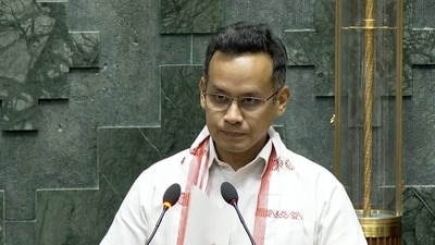 Congress leader Gaurav Gogoi takes oath as a member of parliament from Assam's Jorhat constituency (Sansad TV (Screengrab))