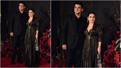 Vidya Balan and Siddharth Roy Kapur attended Sonakshi's wedding reception in matching all-black ensembles. While Vidya chose a traditional yet modern anarkali gown, Sidharth complemented her in a sleek, tailored suit. (HT Photo/Varinder Chawla) Vidya Balan and Siddharth Roy Kapur attended Sonakshi's wedding reception in matching all-black ensembles. While Vidya chose a traditional yet modern anarkali gown, Sidharth complemented her in a sleek, tailored suit. (HT Photo/Varinder Chawla)