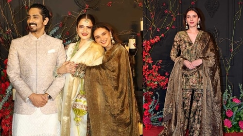 Aditi Rao Hydari with her fiance Siddharth and the evergreen Rekha Aditi Rao Hydari with her fiance Siddharth and the evergreen Rekha