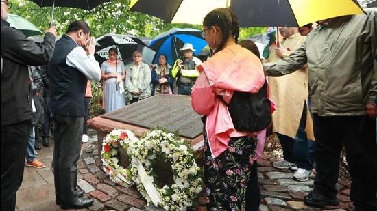 India’s High Commissioner to Ottawa Sanjay Kumar Verma with family members of the victims of the bombing of the Kanishka at the memorial in the Canadian capital on Sunday. (Credit: High Commission of India, Ottawa)