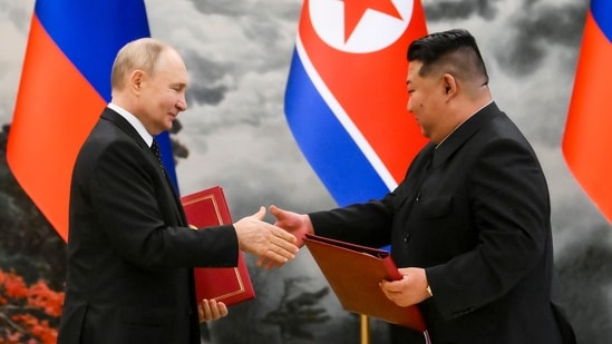 FILE - Russian President Vladimir Putin, left, and North Korea's leader Kim Jong Un exchange documents during a signing ceremony of the new partnership in Pyongyang, North Korea, on June 19, 2024. Kim and Putin signed a major defense deal that observers worry could embolden Kim to direct more provocations at South Korea. (Kristina Kormilitsyna, Sputnik, Kremlin Pool Photo via AP, File) (AP)