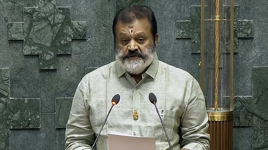 Union Minister of State and Malayalam actor Suresh Gopi takes oath as an MP from Kerala's Thrissur constituency. Gopi is BJP's lone MP from Kerala.(ANI)