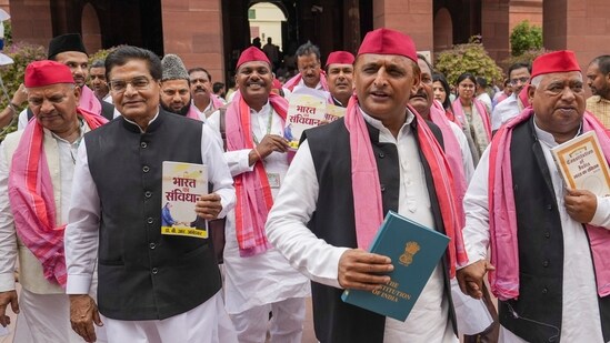 Samajwadi Party chief and Kannauj MP Akhilesh Yadav seen with party MP's. With 37 MP's, SP is the third largest party in 18th Lok Sabha.&nbsp;(PTI)