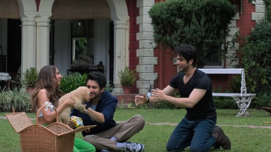 Rohit Saraf, Pashmina Roshan, and Jibraan Khan in a still from Ishq Vishk Rebound.