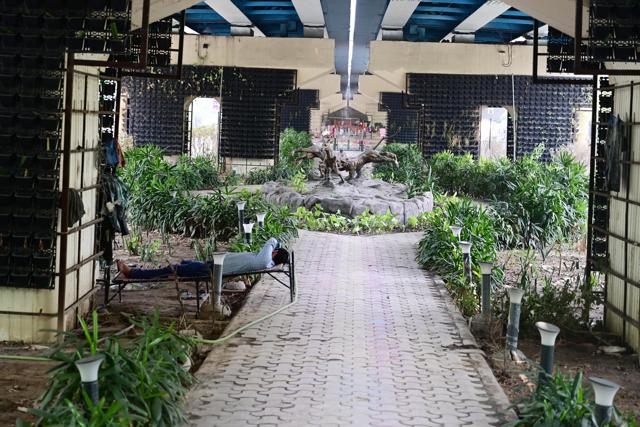 The area beneath the flyover at Africa Avenue intended for a vertical garden is instead littered with plastic waste, debris and encroached upon by people as of June 24, 2024. (Vipin Kumar/HT Photo) The area beneath the flyover at Africa Avenue intended for a vertical garden is instead littered with plastic waste, debris and encroached upon by people as of June 24, 2024. (Vipin Kumar/HT Photo)