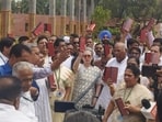 Congress leader Sonia Gandhi and other INDIA bloc leaders show copies of the Constitution of India (PTI)