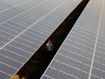 A private security guard walks between rows of photovoltaic solar panels inside a solar power plant at Raisan village near Gandhinagar, Gujarat (Amit Dave/Reuters)