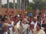 Amid the controversy over the appointment of the pro-tem speaker, several leaders of the Opposition INDIA bloc staged a protest in front of the Gandhi statue in the Parliament, holding copies of the Constitution. Amid the controversy over the appointment of the pro-tem speaker, several leaders of the Opposition INDIA bloc staged a protest in front of the Gandhi statue in the Parliament, holding copies of the Constitution.