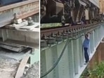 The image shows employees of Indian Railways walking on a bridge’s edge, crawling under a train to fix an issue. The image shows employees of Indian Railways walking on a bridge’s edge, crawling under a train to fix an issue.