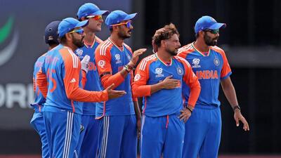 Antigua, Jun 22 (ANI): India's Kuldeep Yadav and teammates celebrate a dismissal during the Super 8 Group 1 match against Bangladesh in the ICC Mens T20 World Cup 2024, at Sir Vivian Richards Stadium in Antigua on Saturday. (ANI Photo) (BCCI- X) Antigua, Jun 22 (ANI): India's Kuldeep Yadav and teammates celebrate a dismissal during the Super 8 Group 1 match against Bangladesh in the ICC Mens T20 World Cup 2024, at Sir Vivian Richards Stadium in Antigua on Saturday. (ANI Photo) (BCCI- X)