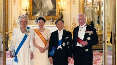 Britain's King Charles III, right with Japans Emperor Naruhito, Empress Masako, and Queen Camilla pose for the cameras ahead of the State Banquet during the State Visit to Britain of the Japanese Emperor and Empress in London, Tuesday, June 25, 2024. (AP Photo/Kirsty Wigglesworth, Pool) (AP) Britain's King Charles III, right with Japans Emperor Naruhito, Empress Masako, and Queen Camilla pose for the cameras ahead of the State Banquet during the State Visit to Britain of the Japanese Emperor and Empress in London, Tuesday, June 25, 2024. (AP Photo/Kirsty Wigglesworth, Pool) (AP)