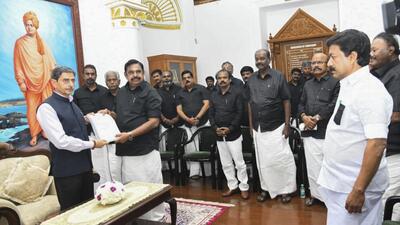 Chennai: Tamil Nadu Governor RN Ravi and AIADMK General Secretary Edappadi K Palaniswami with party leaders during a meeting. (PTI)