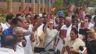 Congress leader Sonia Gandhi and other INDIA bloc leaders show copies of the Constitution of India (PTI) Congress leader Sonia Gandhi and other INDIA bloc leaders show copies of the Constitution of India (PTI)