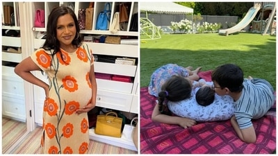 Mindy Kaling shared a glimpse of her children Katherine and Spencer with their baby sister along with a photo of her baby bump (left). Mindy Kaling shared a glimpse of her children Katherine and Spencer with their baby sister along with a photo of her baby bump (left).