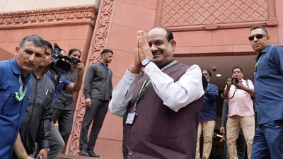 New Delhi: BJP MP Om Birla at the Parliament House complex during the first session of the 18th Lok Sabha, in New Delhi, Tuesday, June 25, 2024. (PTI) New Delhi: BJP MP Om Birla at the Parliament House complex during the first session of the 18th Lok Sabha, in New Delhi, Tuesday, June 25, 2024. (PTI)