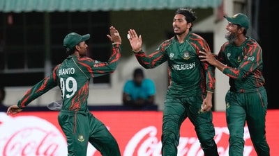 Bangladesh's Soumya Sarkar, centre, is congratulated by teammates after taking a catch to dismiss Afghanistan's Gulbadin Naib during the men's T20 World Cup cricket match between Afghanistan and Bangladesh (AP) Bangladesh's Soumya Sarkar, centre, is congratulated by teammates after taking a catch to dismiss Afghanistan's Gulbadin Naib during the men's T20 World Cup cricket match between Afghanistan and Bangladesh (AP)