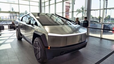A Tesla Cybertruck is on display at the Tesla showroom in Buena Park, Calif., Dec. 3, 2023. (AP) A Tesla Cybertruck is on display at the Tesla showroom in Buena Park, Calif., Dec. 3, 2023. (AP)