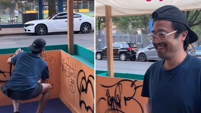 Smirking vandals deface NYC cafe owner's dining shed (flowerscafenyc/Instagram) Smirking vandals deface NYC cafe owner's dining shed (flowerscafenyc/Instagram)