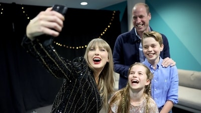 Taylor Swift posted a selfie with Royal family members and her boyfriend Travis Kelce with the message, "Happy Bday M8!," expressing her excitement at having Prince William and his kids as guests. (X) Taylor Swift posted a selfie with Royal family members and her boyfriend Travis Kelce with the message, "Happy Bday M8!," expressing her excitement at having Prince William and his kids as guests. (X)
