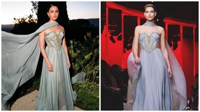Alia Bhatt wore a sage green dress from the Spring Summer 2024 collection of Elie Saab. Alia Bhatt wore a sage green dress from the Spring Summer 2024 collection of Elie Saab.