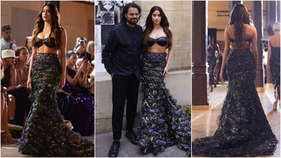 Janhvi Kapoor shared pictures from Paris on Instagram. The post featured snippets of the actor walking the ramp for Rahul Mishra's showcase, Aura, in an all-black sensual bustier and skirt set. The designer's show was Janhvi's debut on the international runway. (Instagram) Janhvi Kapoor shared pictures from Paris on Instagram. The post featured snippets of the actor walking the ramp for Rahul Mishra's showcase, Aura, in an all-black sensual bustier and skirt set. The designer's show was Janhvi's debut on the international runway. (Instagram)