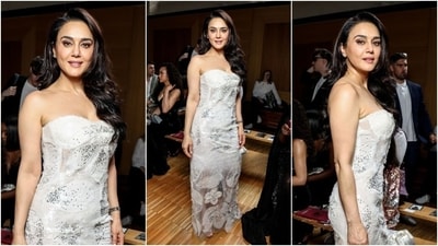 Preity Zinta attended Rahul Mishra's haute couture show in Paris as a front-row guest. She wore a strapless dress from the designer's Spring 2024 collection for the showcase. It features sequin embellishments, a corset bodice, a sheer skirt, and a bodycon fitting. (Instagram) Preity Zinta attended Rahul Mishra's haute couture show in Paris as a front-row guest. She wore a strapless dress from the designer's Spring 2024 collection for the showcase. It features sequin embellishments, a corset bodice, a sheer skirt, and a bodycon fitting. (Instagram)