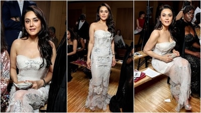 Preity complemented the outfit with silver pumps, a bracelet, and flower-shaped earrings. Lastly, pink eye shadow, mascara on the lashes, pink lips, feathered brows, blush on the cheeks and side-parted loose locks completed her glam. (Instagram) Preity complemented the outfit with silver pumps, a bracelet, and flower-shaped earrings. Lastly, pink eye shadow, mascara on the lashes, pink lips, feathered brows, blush on the cheeks and side-parted loose locks completed her glam. (Instagram)