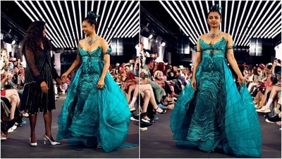 Radhika Apte closed the show for designer Vaishali S's couture label at Paris Fashion Week. The designer dressed Radhika in an aquatic blue ensemble from her latest showcase. The gown features a strapless plunging neckline, applique and beadwork, and a cascading skirt forming a train on the back. (Instagram) Radhika Apte closed the show for designer Vaishali S's couture label at Paris Fashion Week. The designer dressed Radhika in an aquatic blue ensemble from her latest showcase. The gown features a strapless plunging neckline, applique and beadwork, and a cascading skirt forming a train on the back. (Instagram)