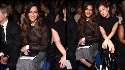 Sonam Kapoor attended the Dior show yesterday. The actor wore a chic ensemble to the showcase - a dark brown leather jacket, white shirt, and grey skirt. She styled the look with a printed tie, sunglasses, black socks, rings, earcuffs, aviators, and black-and-white pumps. (PTI) Sonam Kapoor attended the Dior show yesterday. The actor wore a chic ensemble to the showcase - a dark brown leather jacket, white shirt, and grey skirt. She styled the look with a printed tie, sunglasses, black socks, rings, earcuffs, aviators, and black-and-white pumps. (PTI)
