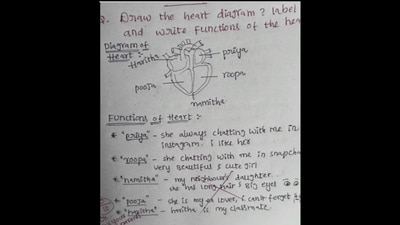 Viral: The student's heart diagram with the names of the girls he liked and loved. (Instagram/@_memes_connection) Viral: The student's heart diagram with the names of the girls he liked and loved. (Instagram/@_memes_connection)