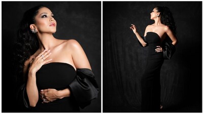 Sunny Leone kept things classy and simple in her black gown with satin coverup.&nbsp; 