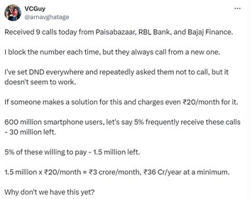 X post on receiving unwanted calls from RBL, Paisabazaar, and more despite setting DND. (X/@arnavghatage) X post on receiving unwanted calls from RBL, Paisabazaar, and more despite setting DND. (X/@arnavghatage)
