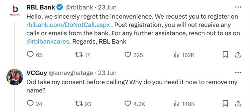 RBL Bank's response to man's post on receiving calls despite setting DND. (X/@arnavghatage) RBL Bank's response to man's post on receiving calls despite setting DND. (X/@arnavghatage)