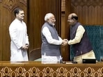Prime Minister Narendra Modi with newly elected Lok Sabha speaker Om Birla as he accompanies him to the chair, at Parliament House in New Delhi on Wednesday. LOP Rahul Gandhi and Union minister Kiren Rijiju accompany him to the chair (Sansad TV)
Prime Minister Narendra Modi with newly elected Lok Sabha speaker Om Birla as he accompanies him to the chair, at Parliament House in New Delhi on Wednesday. LOP Rahul Gandhi and Union minister Kiren Rijiju accompany him to the chair (Sansad TV)