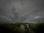 FILE - A farmer carries a sack of paddy on his bicycle during monsoon rains as clouds hover over the sky on the outskirts of Guwahati, India, June 20, 2024. Human-caused climate change is making rainfall more unpredictable and erratic, which makes it difficult for farmers to plant, grow and harvest crops on their rain-fed fields. (AP Photo/Anupam Nath, File)(AP)