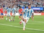 Argentina forward Lautaro Martinez (22) celebrates his goal during the second half against Chile at MetLife Stadium