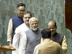 Prime Minister Narendra Modi, Leader of the Opposition Rahul Gandhi and Union Minister for Parliamentary Affairs Kiren Rijiju escort Om Birla to the chair after the latter was elected as the Speaker of the House during the first session of the 18th Lok Sabha, Prime Minister Narendra Modi, Leader of the Opposition Rahul Gandhi and Union Minister for Parliamentary Affairs Kiren Rijiju escort Om Birla to the chair after the latter was elected as the Speaker of the House during the first session of the 18th Lok Sabha,