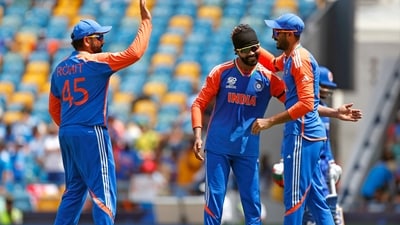 India's Rohit Sharma (c), Axar Patel and Ravindra Jadeja celebrate (Surjeet Yadav) India's Rohit Sharma (c), Axar Patel and Ravindra Jadeja celebrate (Surjeet Yadav)